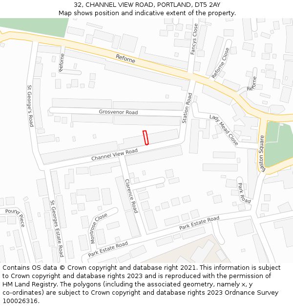 32, CHANNEL VIEW ROAD, PORTLAND, DT5 2AY: Location map and indicative extent of plot