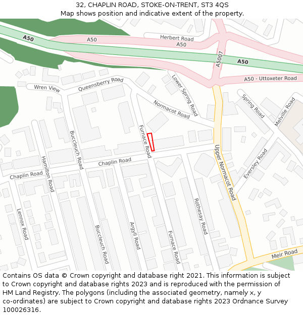 32, CHAPLIN ROAD, STOKE-ON-TRENT, ST3 4QS: Location map and indicative extent of plot