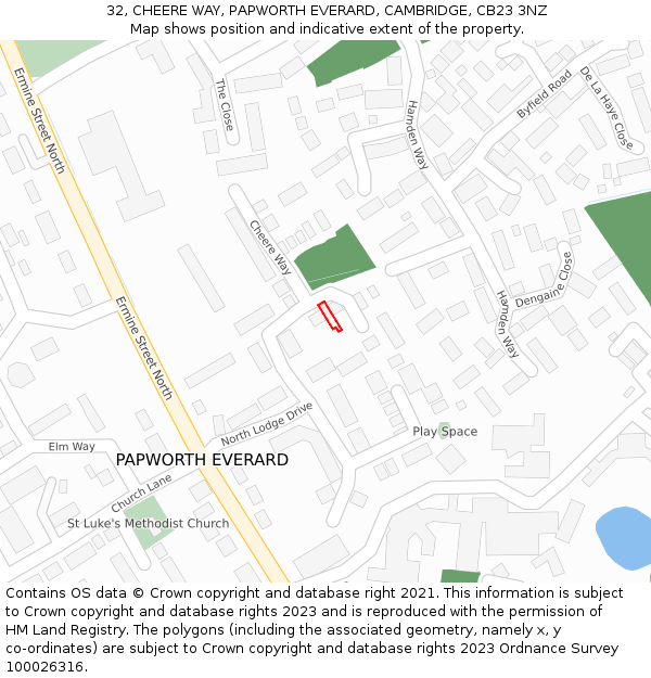 32, CHEERE WAY, PAPWORTH EVERARD, CAMBRIDGE, CB23 3NZ: Location map and indicative extent of plot
