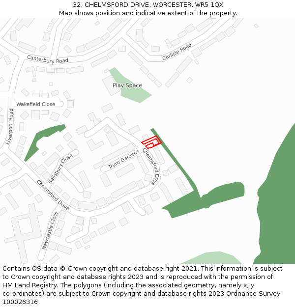 32, CHELMSFORD DRIVE, WORCESTER, WR5 1QX: Location map and indicative extent of plot