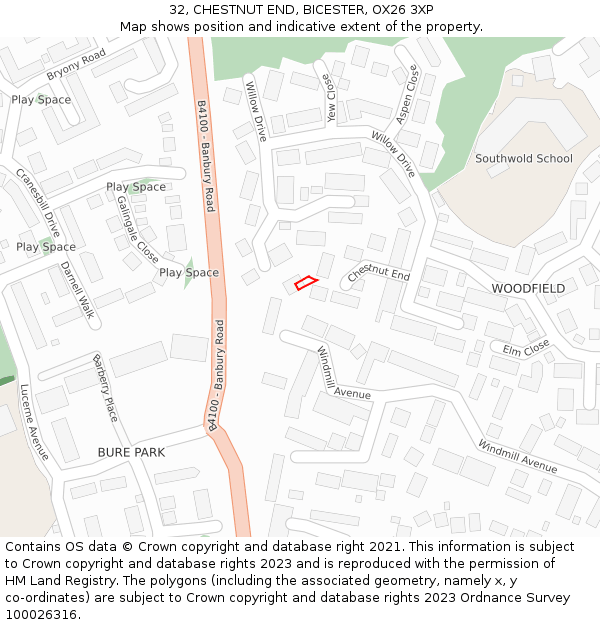 32, CHESTNUT END, BICESTER, OX26 3XP: Location map and indicative extent of plot