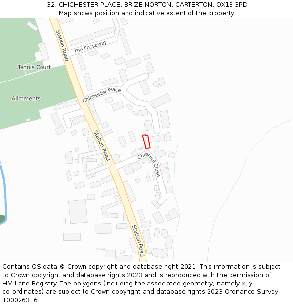 32, CHICHESTER PLACE, BRIZE NORTON, CARTERTON, OX18 3PD: Location map and indicative extent of plot