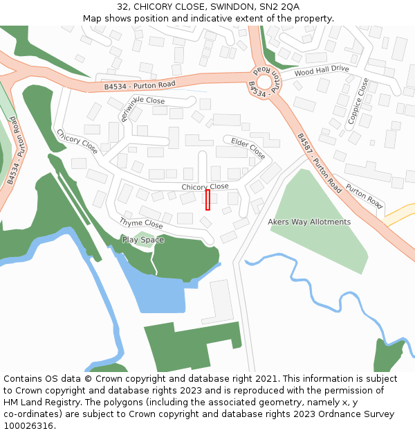 32, CHICORY CLOSE, SWINDON, SN2 2QA: Location map and indicative extent of plot