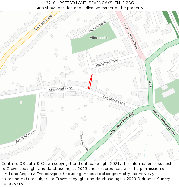 32, CHIPSTEAD LANE, SEVENOAKS, TN13 2AG: Location map and indicative extent of plot