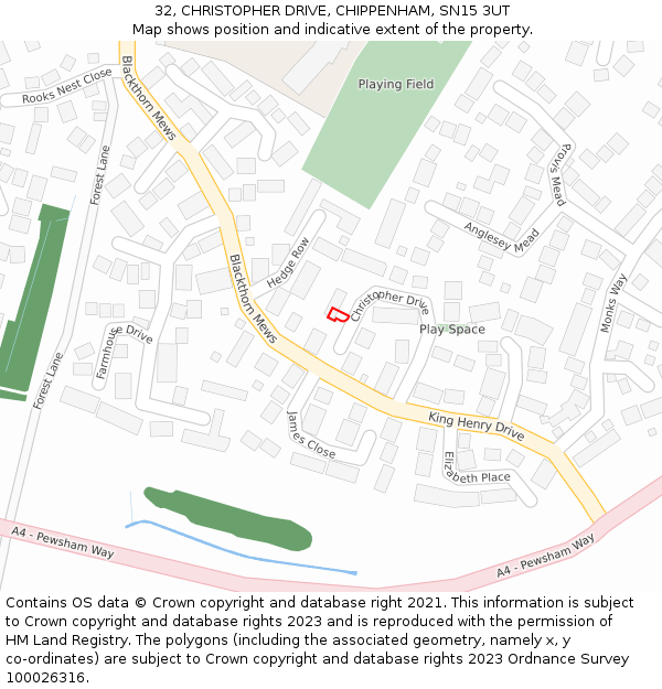 32, CHRISTOPHER DRIVE, CHIPPENHAM, SN15 3UT: Location map and indicative extent of plot