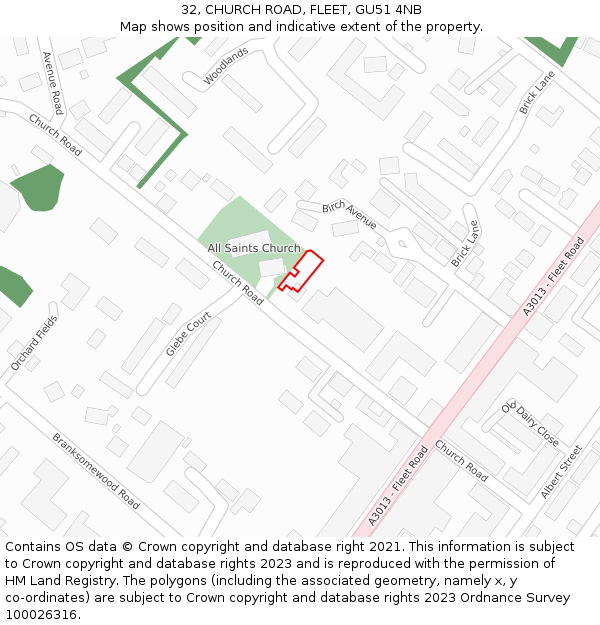 32, CHURCH ROAD, FLEET, GU51 4NB: Location map and indicative extent of plot