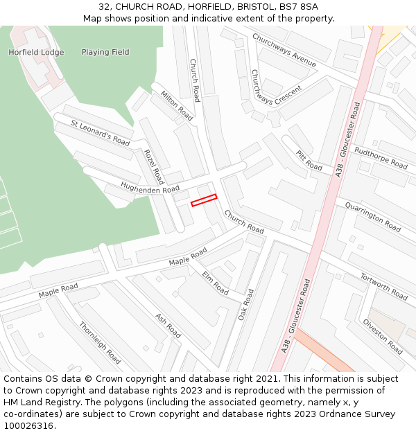32, CHURCH ROAD, HORFIELD, BRISTOL, BS7 8SA: Location map and indicative extent of plot