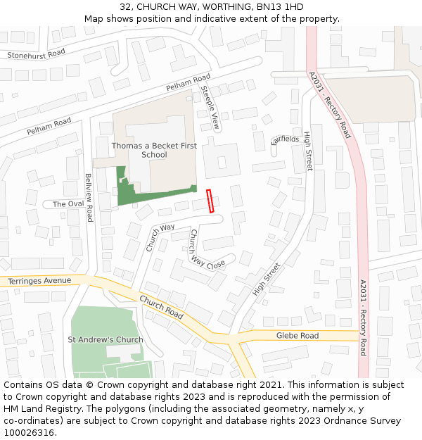 32, CHURCH WAY, WORTHING, BN13 1HD: Location map and indicative extent of plot