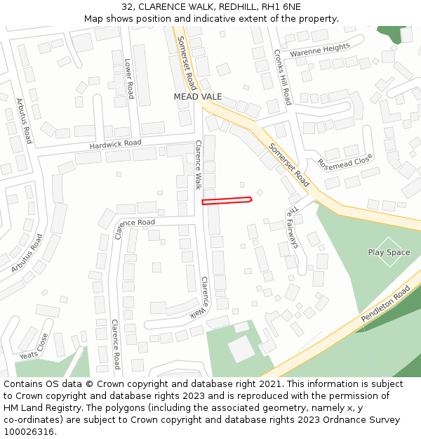 32, CLARENCE WALK, REDHILL, RH1 6NE: Location map and indicative extent of plot