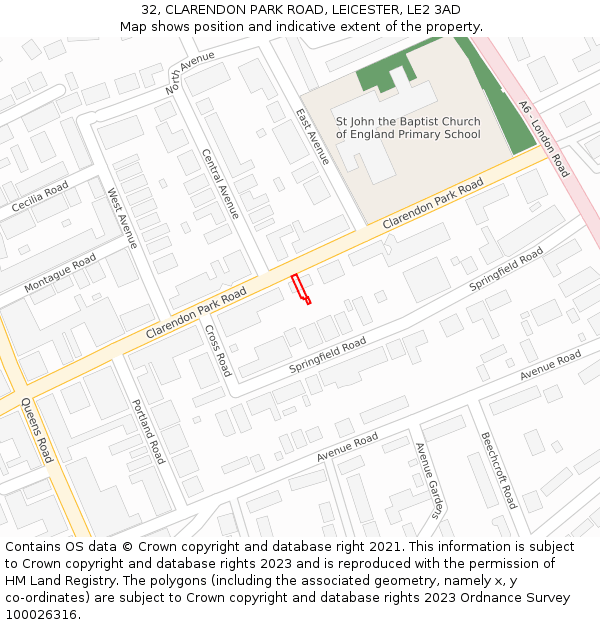 32, CLARENDON PARK ROAD, LEICESTER, LE2 3AD: Location map and indicative extent of plot
