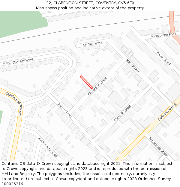 32, CLARENDON STREET, COVENTRY, CV5 6EX: Location map and indicative extent of plot