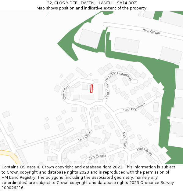 32, CLOS Y DERI, DAFEN, LLANELLI, SA14 8QZ: Location map and indicative extent of plot
