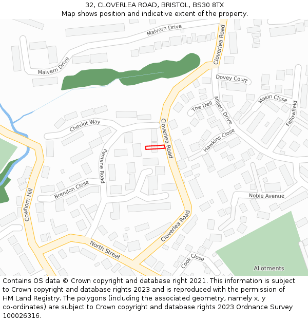 32, CLOVERLEA ROAD, BRISTOL, BS30 8TX: Location map and indicative extent of plot
