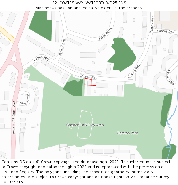 32, COATES WAY, WATFORD, WD25 9NS: Location map and indicative extent of plot