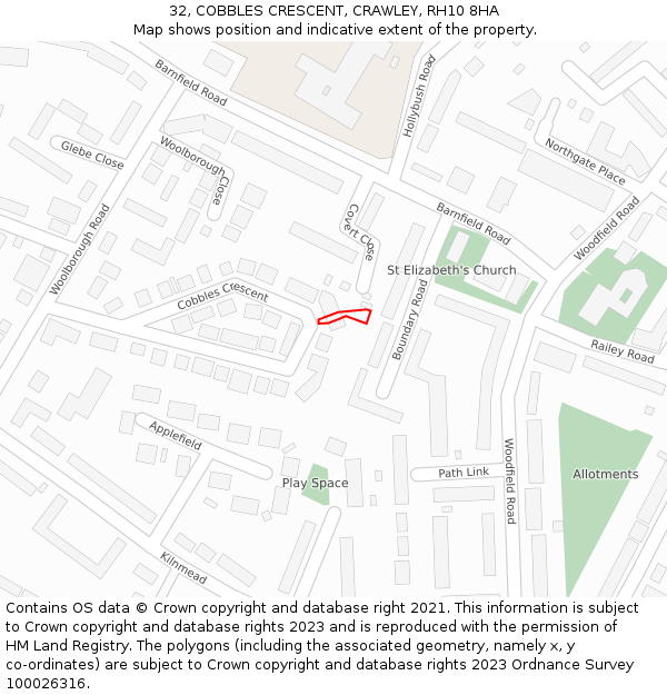 32, COBBLES CRESCENT, CRAWLEY, RH10 8HA: Location map and indicative extent of plot