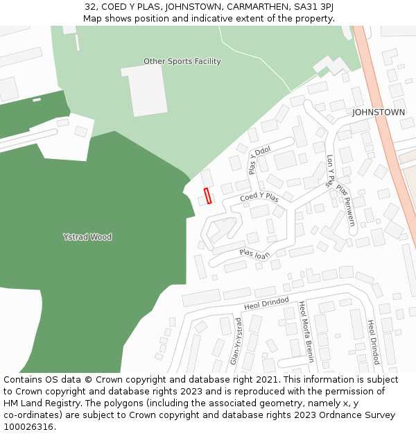 32, COED Y PLAS, JOHNSTOWN, CARMARTHEN, SA31 3PJ: Location map and indicative extent of plot