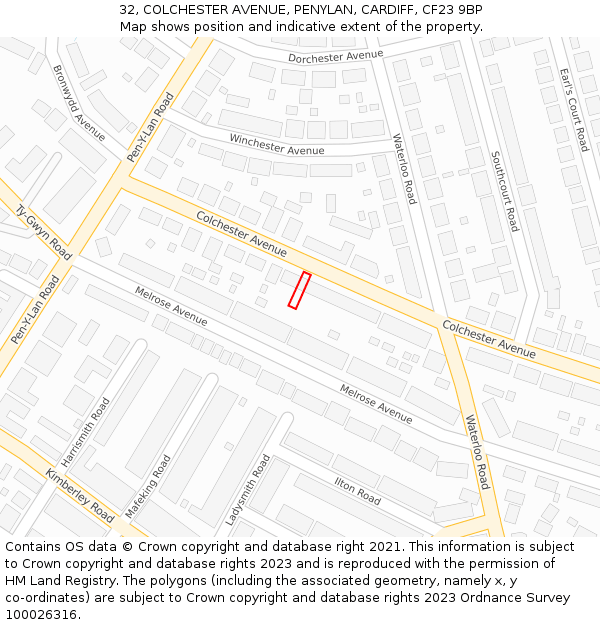 32, COLCHESTER AVENUE, PENYLAN, CARDIFF, CF23 9BP: Location map and indicative extent of plot