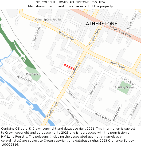 32, COLESHILL ROAD, ATHERSTONE, CV9 1BW: Location map and indicative extent of plot