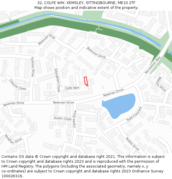 32, COLFE WAY, KEMSLEY, SITTINGBOURNE, ME10 2TF: Location map and indicative extent of plot