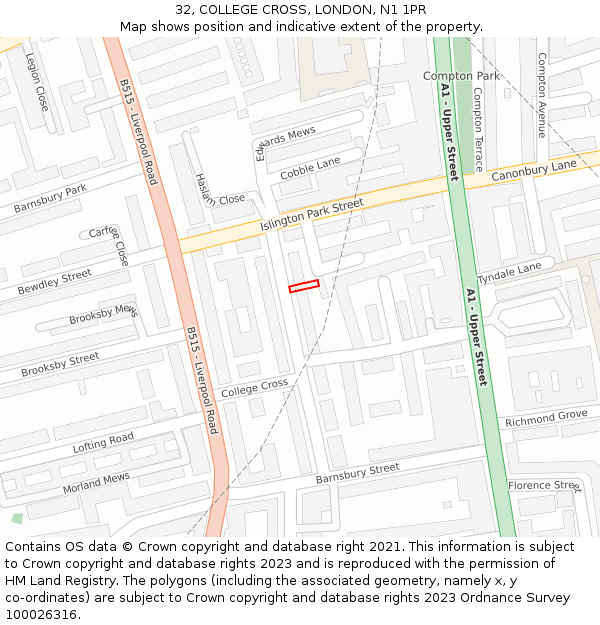 32, COLLEGE CROSS, LONDON, N1 1PR: Location map and indicative extent of plot