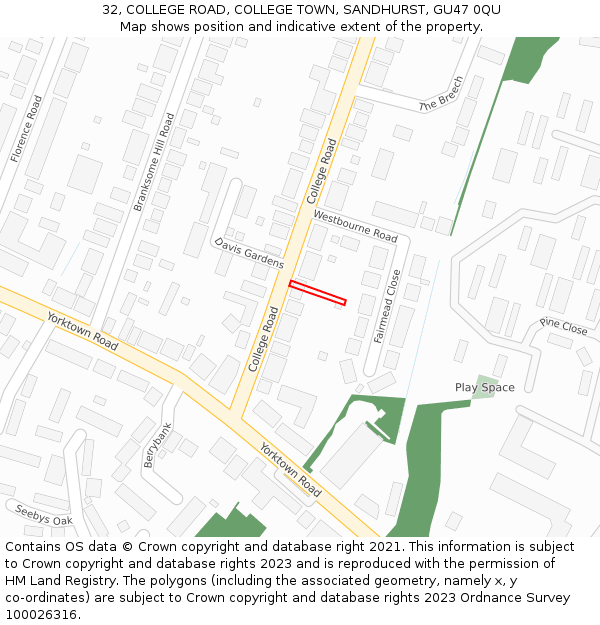 32, COLLEGE ROAD, COLLEGE TOWN, SANDHURST, GU47 0QU: Location map and indicative extent of plot