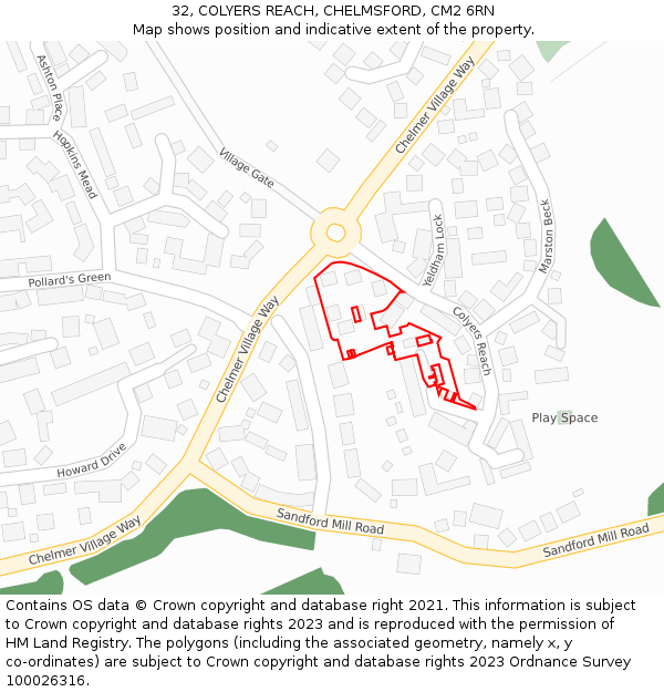 32, COLYERS REACH, CHELMSFORD, CM2 6RN: Location map and indicative extent of plot