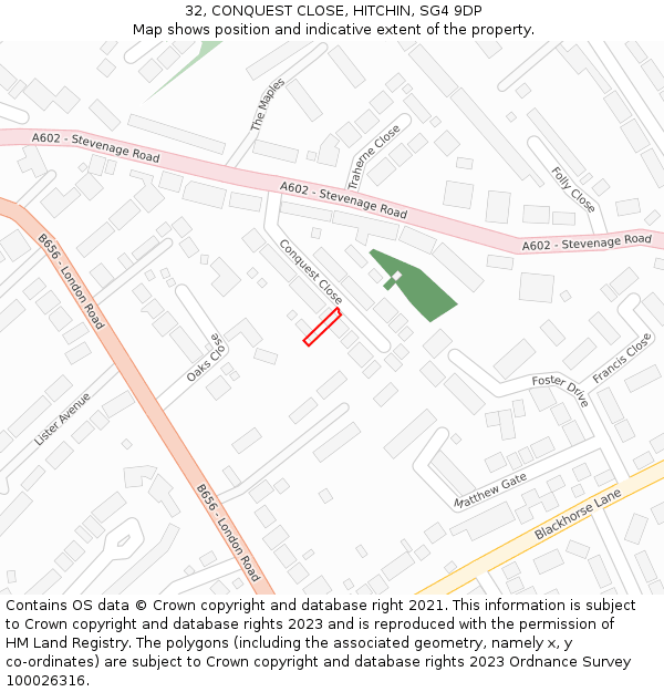 32, CONQUEST CLOSE, HITCHIN, SG4 9DP: Location map and indicative extent of plot