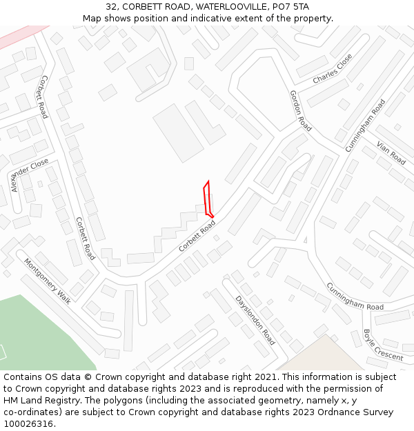 32, CORBETT ROAD, WATERLOOVILLE, PO7 5TA: Location map and indicative extent of plot