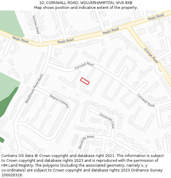 32, CORNWALL ROAD, WOLVERHAMPTON, WV6 8XB: Location map and indicative extent of plot