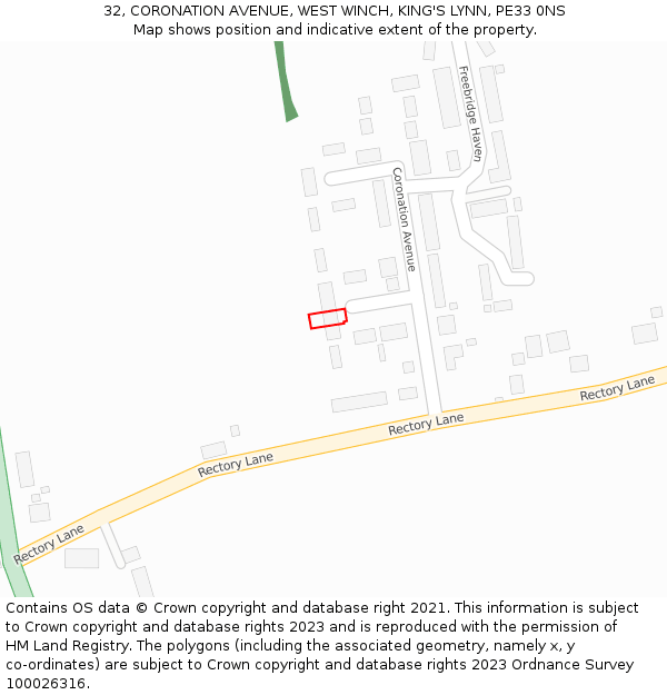32, CORONATION AVENUE, WEST WINCH, KING'S LYNN, PE33 0NS: Location map and indicative extent of plot