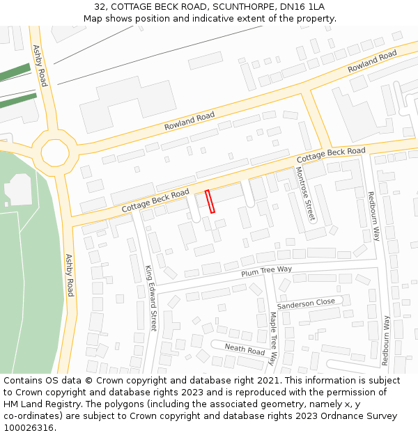 32, COTTAGE BECK ROAD, SCUNTHORPE, DN16 1LA: Location map and indicative extent of plot