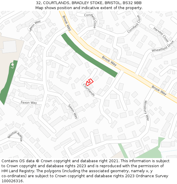 32, COURTLANDS, BRADLEY STOKE, BRISTOL, BS32 9BB: Location map and indicative extent of plot