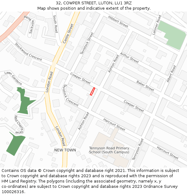 32, COWPER STREET, LUTON, LU1 3RZ: Location map and indicative extent of plot