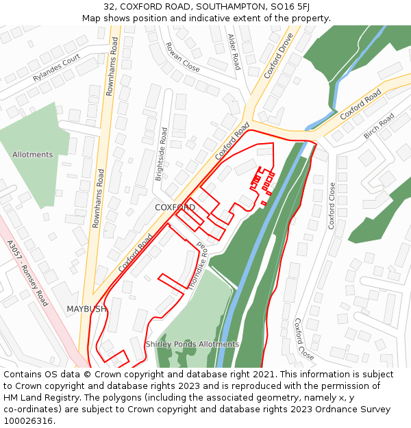 32, COXFORD ROAD, SOUTHAMPTON, SO16 5FJ: Location map and indicative extent of plot