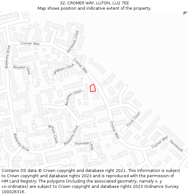 32, CROMER WAY, LUTON, LU2 7EE: Location map and indicative extent of plot