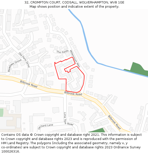 32, CROMPTON COURT, CODSALL, WOLVERHAMPTON, WV8 1GE: Location map and indicative extent of plot