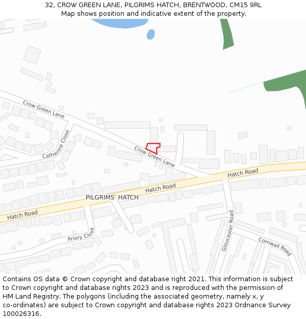 32, CROW GREEN LANE, PILGRIMS HATCH, BRENTWOOD, CM15 9RL: Location map and indicative extent of plot