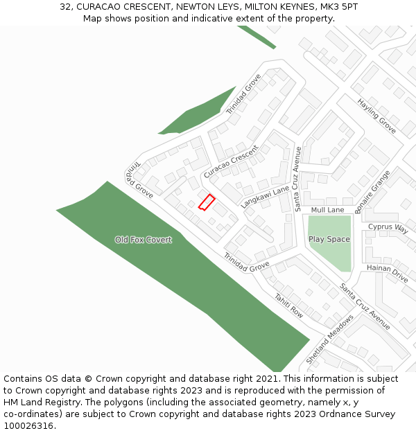 32, CURACAO CRESCENT, NEWTON LEYS, MILTON KEYNES, MK3 5PT: Location map and indicative extent of plot