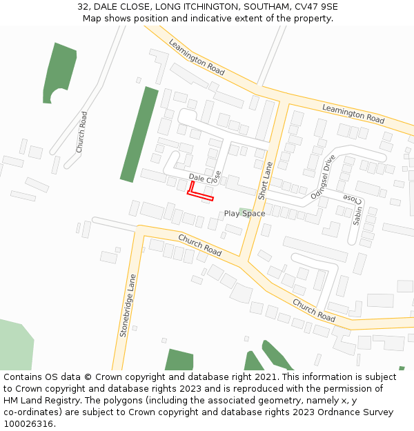 32, DALE CLOSE, LONG ITCHINGTON, SOUTHAM, CV47 9SE: Location map and indicative extent of plot