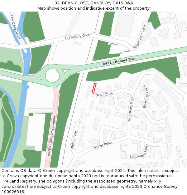 32, DEAN CLOSE, BANBURY, OX16 3WA: Location map and indicative extent of plot