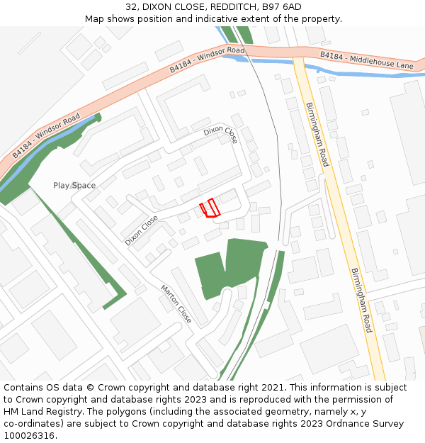 32, DIXON CLOSE, REDDITCH, B97 6AD: Location map and indicative extent of plot