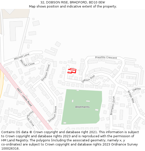32, DOBSON RISE, BRADFORD, BD10 0EW: Location map and indicative extent of plot
