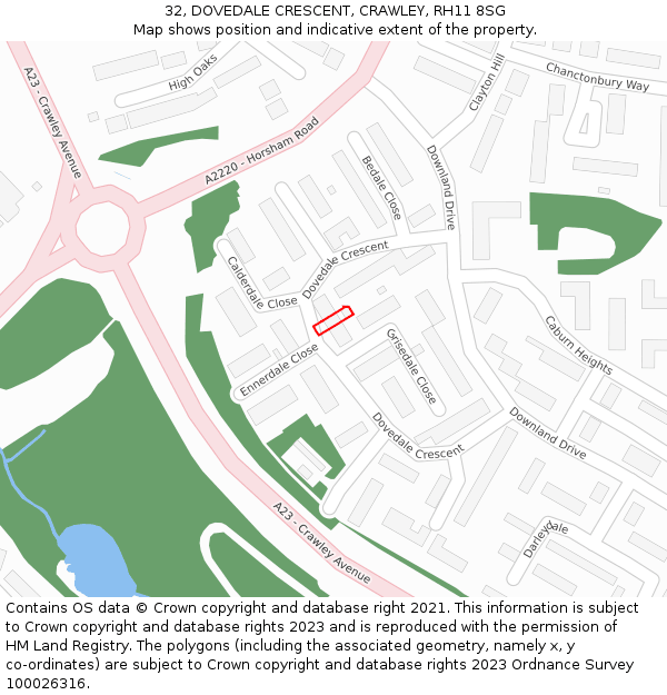 32, DOVEDALE CRESCENT, CRAWLEY, RH11 8SG: Location map and indicative extent of plot
