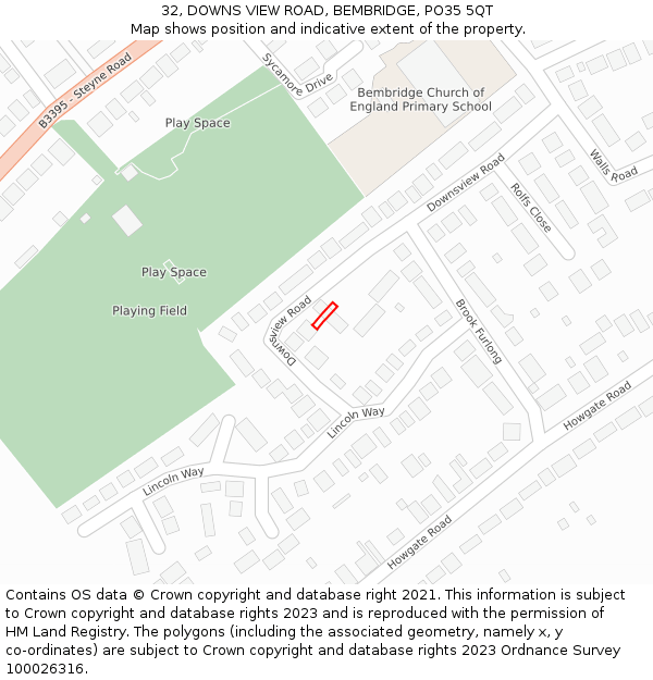 32, DOWNS VIEW ROAD, BEMBRIDGE, PO35 5QT: Location map and indicative extent of plot