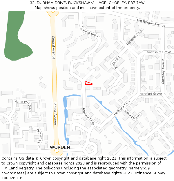 32, DURHAM DRIVE, BUCKSHAW VILLAGE, CHORLEY, PR7 7AW: Location map and indicative extent of plot