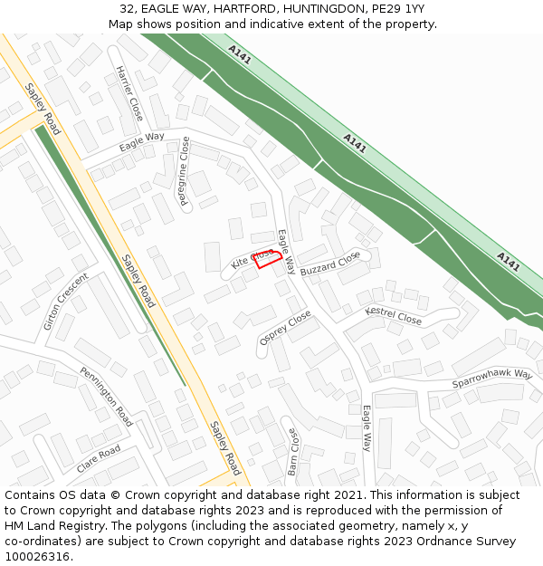 32, EAGLE WAY, HARTFORD, HUNTINGDON, PE29 1YY: Location map and indicative extent of plot