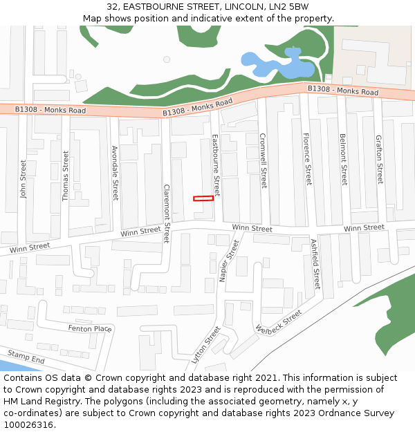 32, EASTBOURNE STREET, LINCOLN, LN2 5BW: Location map and indicative extent of plot