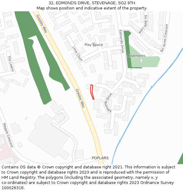 32, EDMONDS DRIVE, STEVENAGE, SG2 9TH: Location map and indicative extent of plot