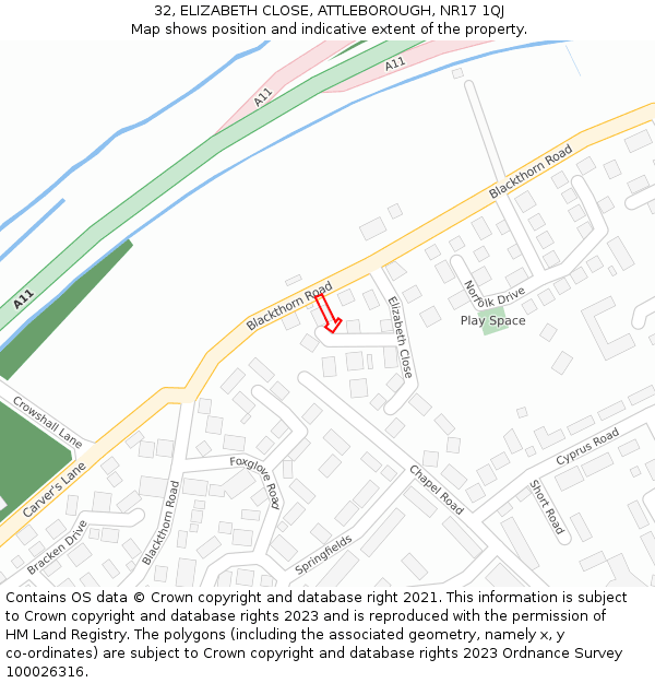 32, ELIZABETH CLOSE, ATTLEBOROUGH, NR17 1QJ: Location map and indicative extent of plot