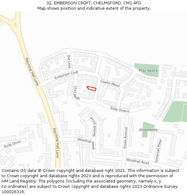 32, EMBERSON CROFT, CHELMSFORD, CM1 4FD: Location map and indicative extent of plot